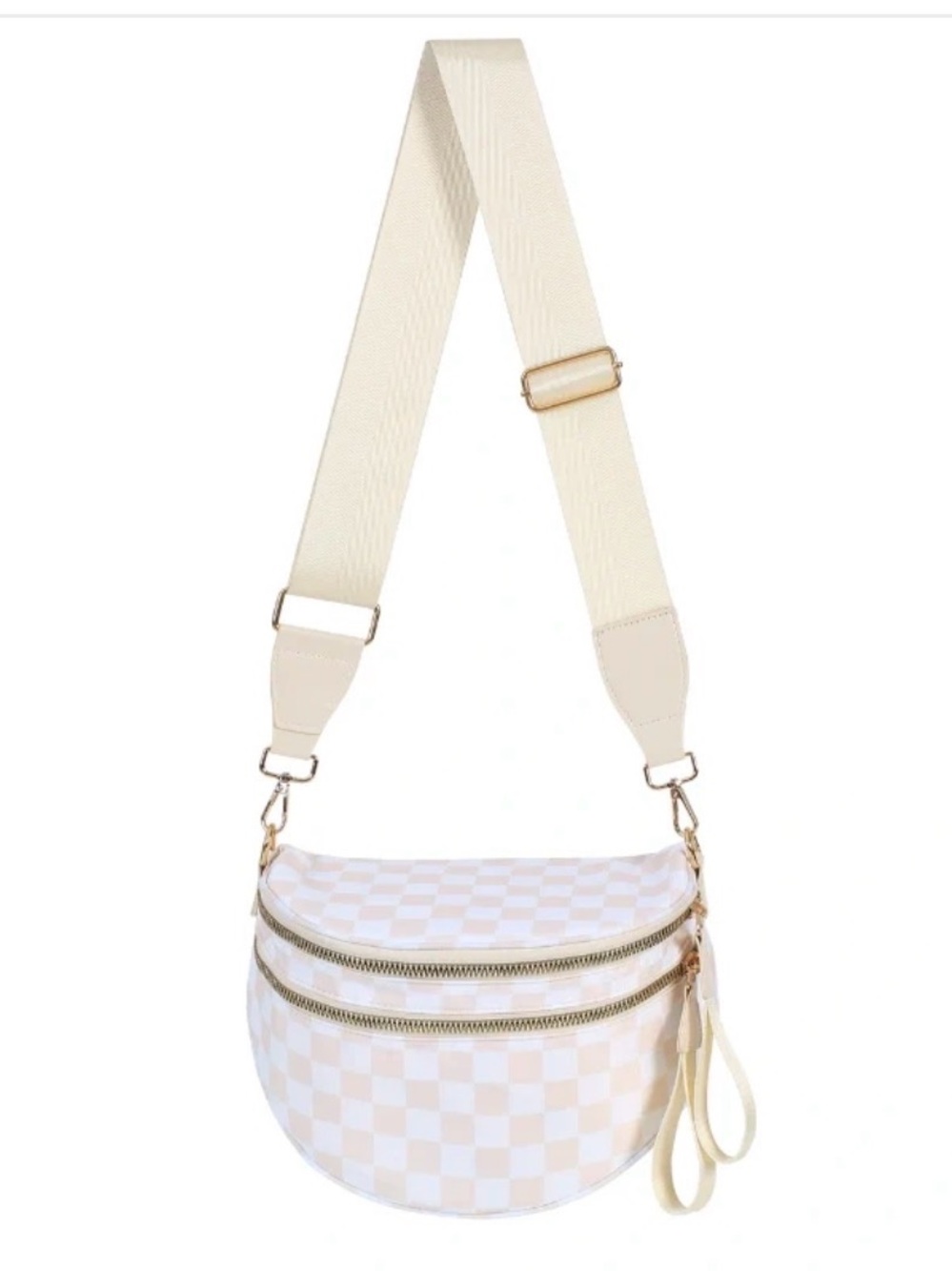 Emmafy Cream Checkered Crossbody Bum Bag with Gold Hardware
